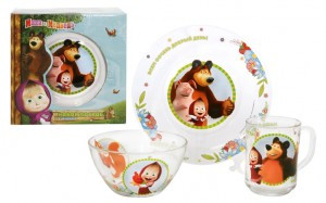 Набор посуды 3 предм (кружка 250мл, салатник 13см, тарелка 19,5см) стекло П/У Маша и медведь ДД МФК