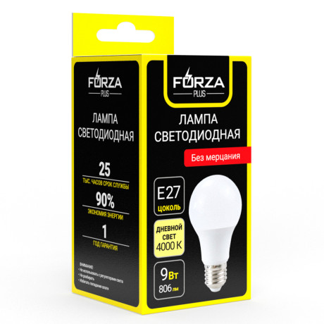 FORZA Лампа светодиодная A60 9 Вт, Е27, 806 Лм, 4000 К, 175-265 В, Ra>80, IRF <5%, 1 год гар.