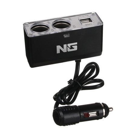 NG Разветвитель прикуривателя в авто, 2 гнезда, 2хUSB, 60 W, 2.1А, 12/24В,  пластик