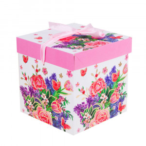 Коробка подарочная складная с лентой, бумага с фольгированным слоем, 15х15х15 см, цветы, 2 дизайна