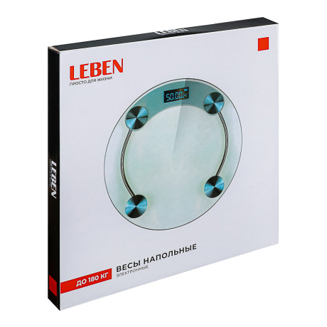 LEBEN Весы напольные электронные круглые, ЖК-дисплей, макс. нагр.до 180кг, стекло, d33см