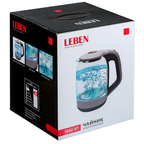 LEBEN Чайник электрический со стеклянной колбой, 1850 Вт, 1,7л