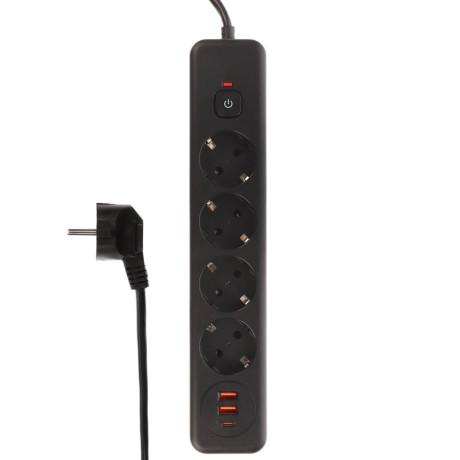 BY Удлинитель, сетевой фильтр Black 4 розетки, 3 м, 2*USB, 1*type-C,выкл., 2500Вт, чёрный