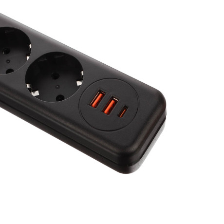 BY Удлинитель, сетевой фильтр Black 4 розетки, 3 м, 2*USB, 1*type-C,выкл., 2500Вт, чёрный