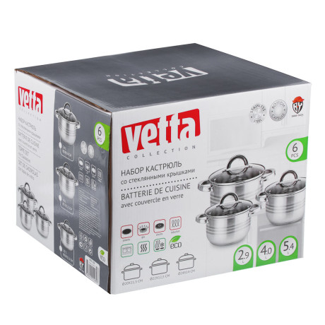 VETTA Фултон Набор кастрюль 6 пр. (2,9л+4,0л+5,4л) со стекл. крышкой