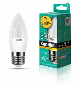 Camelion Свеча E27 7W(580lm 220°) 3000K 2K матов. 100x37 пластик LED7-C35/830/E27