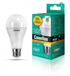 Camelion ЛОН A65 E27 20W(1820lm 270°) 3000K 2K матов. 134x65 LED20-A65/830/E27