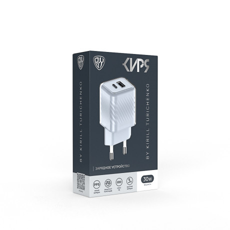 BY КИРЯ Сетевое зарядное устройство Transparent USB-A, USB-C, QC, PD, PPS 30 Вт, голубой