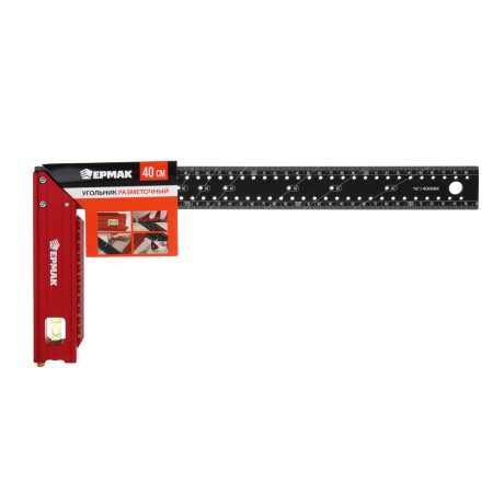 Угольник разметочный 40см тм ЕРМАК, с отверстиями для разметки(интервал 5мм) и пузырьковым уровнем