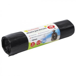 Мешки д/мусора 240 л, черные, в рулоне 5 шт., ПВД, 30 мкм, 90х130 см (±5%), эконом, ЛЮБАША, 605338
