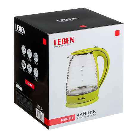 LEBEN Чайник электрический 1,7л, 1850Вт, скрытый нагр.элемент, стекло, рифлёное стекло