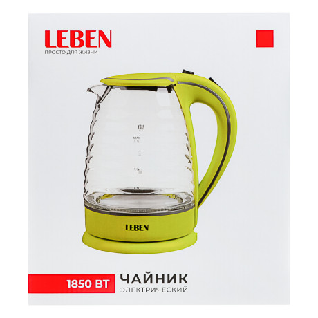 LEBEN Чайник электрический 1,7л, 1850Вт, скрытый нагр.элемент, стекло, рифлёное стекло