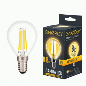 Energy лампа св/д шар G45F E14 8W(660lm) 3000К 2К 48x80 стекло, филамент(нитев) (10!) 109321
