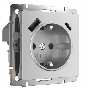 Werkel мех. роз. СУ 1 мест. 16А, земля, шторки,USB A+C(3А,5,9,12В)(серебро матовый) W1171765 a063618