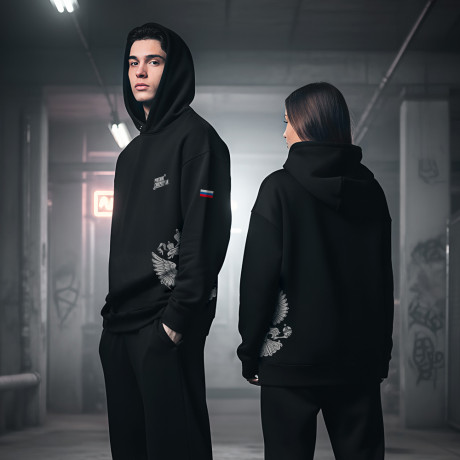 Худи черная с принтом РУССКИЕ СУПЕРГЕРОИ, футер с начёсом, размер XXL