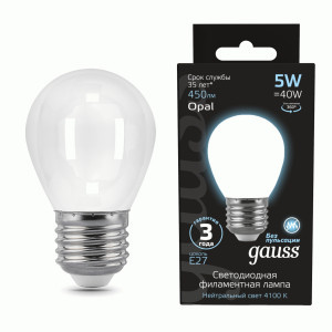 Gauss Filament лампа Шар G45 E27 5W(450lm) 4100K 4K 80x45 филамент (нитевидная), матов. 105202205