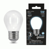 Gauss Filament лампа Шар G45 E27 5W(450lm) 4100K 4K 80x45 филамент (нитевидная), матов. 105202205
