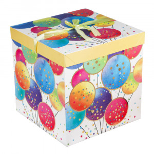Коробка подарочная складная с лентой, бумага с фольгир. слоем, 30х30х30см, С Днем Рождения, 4диз.