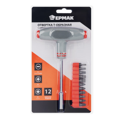 ЕРМАК Отвертка Т-образная с набором бит, 12 предметов