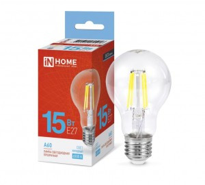 ASD/InHome лампа св/д Deco ЛОН A60 E27 15W(1480lm) 6500К 6K 105x60 филамент (нитевидная) прозр. 5916