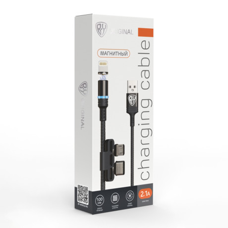 BY Кабель для зарядки Магнитный 3 в 1, iP/Micro USB/Type-C, 1м, 2.1А, черный