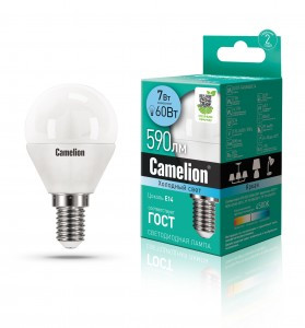 Camelion Шар G45 E14 7W(590lm 220°) 4500K 4K матов. 85x45 пластик LED7-G45/845/E14
