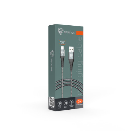 BY Кабель для зарядки Shark microUSB, Быстрая зарядка 3А, QC, PD 20W, тканевый, cерый, штекер металл