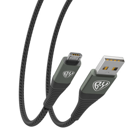 BY Кабель для зарядки Shark microUSB, Быстрая зарядка 3А, QC, PD 20W, тканевый, cерый, штекер металл