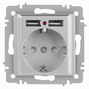 ЭРА Intro Accent мех. роз. СУ 1 мест. 16А 250В (земля, шторки + 2хUSB) алюминий 6-410-03