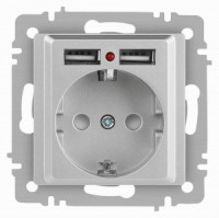 ЭРА Intro Accent мех. роз. СУ 1 мест. 16А 250В (земля, шторки + 2хUSB) алюминий 6-410-03