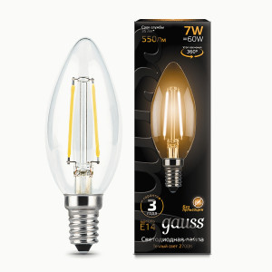 Gauss Filament лампа Свеча E14 7W(550lm) 2700K 2K 97x35 филамент (нитевидная), прозр. 103801107