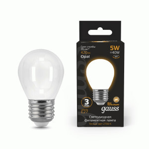 Gauss Filament лампа Шар G45 E27 5W(420lm) 2700K 2K 80x45 филамент (нитевидная), матов. 105202105