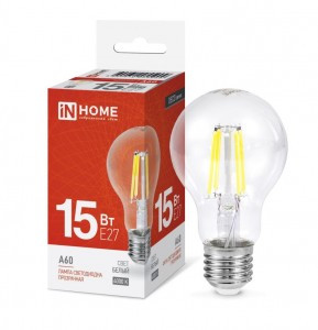 ASD/InHome лампа св/д Deco ЛОН A60 E27 15W(1480lm) 4000K 4K 105x60 филамент (нитевидная) прозр. 5909