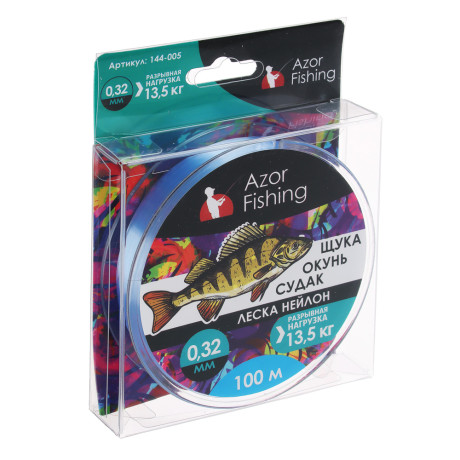 AZOR FISHING Леска "Щука,Окунь, Судак", нейлон, 100м, 0,32мм, 13,5кг, светло-голубая