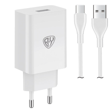 BY Комплект СЗУ Simple 18Вт, USB-A QC+ кабель Type-С, 3А, 100см, 110-240В, 50-60Гц, пластик, белый