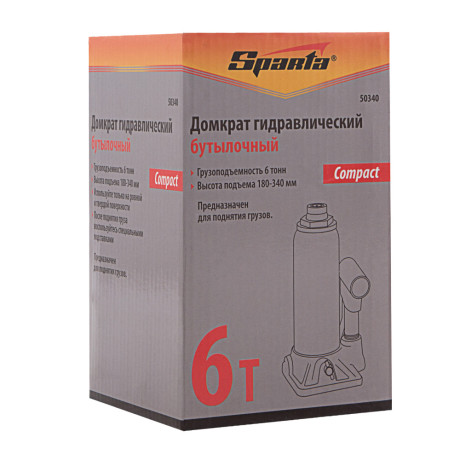 Домкрат гидравлический бутылочный, 6 т, h подъема 180 - 340 мм Sparta Compact