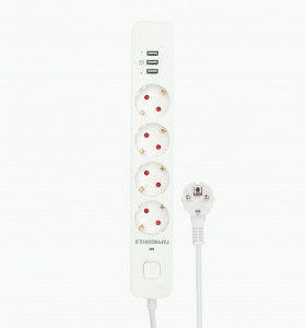 Гарнизон Сетевой фильтр (удл.) ПВС 3x0.75 4роз. 4м 10А 3xUSB мультипорт, земля, белый, пакет