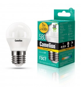 Camelion Шар G45 E27 7W(580lm 220°) 3000K 2K матов. 82x45 пластик LED7-G45/830/E27