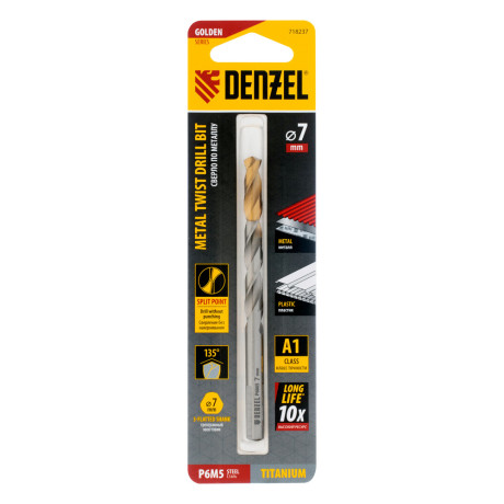 Сверло спиральное по металлу 7,0 x 109 мм, Р6М5, Golden Tip  Denzel