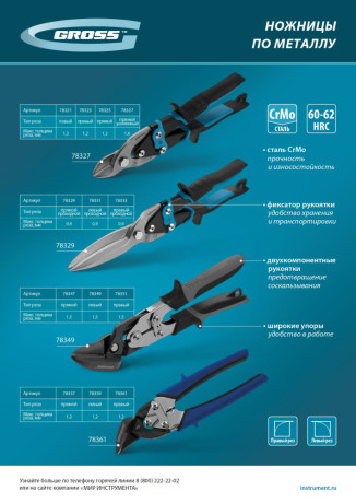 Ножницы по металлу "Piranha", 250 мм, прямой и левый рез, сталь СrMo, двухкомпонентные рукоятки Gross