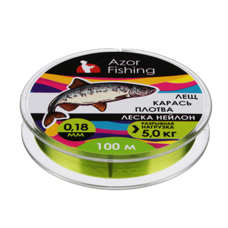AZOR FISHING Леска "Лещ, Карась, Плотва", нейлон, 100м, 0,18мм, 5,0кг, зеленая
