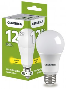 GENERICA лампа св/д ЛОН A60 E27 12W(1200lm) 3000K 2K 60x108 матов. LL-A60-12-230-30-E27-G