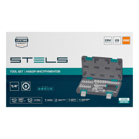 Набор инструментов, 1/4", CrV, пластиковый кейс 29 предметов Stels