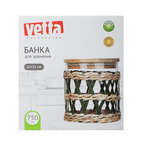 VETTA ЭКО Жгут Банка для хранения 750мл, 12х11см, стекло, бамбук