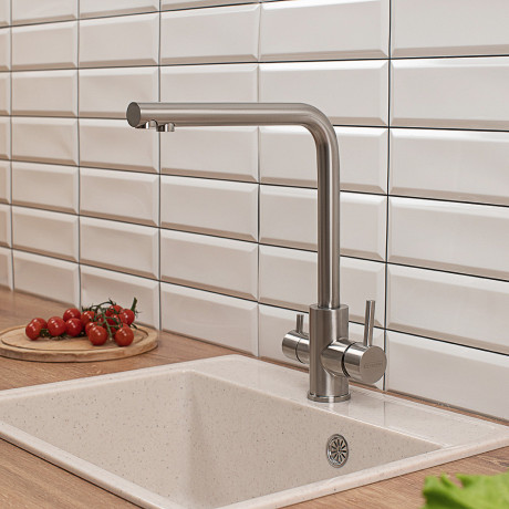 СоюзКран Смеситель для кухни с фильтром для пит. воды, керам. картридж 35мм, нерж. сталь, SS01-G132