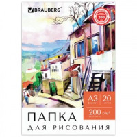 Папка для рисования БОЛЬШОГО ФОРМАТА А3, 20 л., 200 г/м2, BRAUBERG, 297х420 мм, &quot;Улочка&quot;, 129224