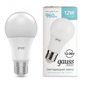 Gauss Basic ЛОН низковольт 12-36V A60 E27 12W(960lm) 4000K 4K 113x60 матовая, пластик/алюм 202402212