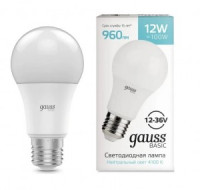 Gauss Basic ЛОН низковольт 12-36V A60 E27 12W(960lm) 4000K 4K 113x60 матовая, пластик/алюм 202402212