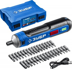 Отвертка ЗУБР "ПРОФЕССИОНАЛ" реверс, фикс шпинд, подсвет, Li-Ion, НЕХ 1/4, кейс с набором zuPSD-4S