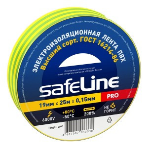 Safeline изолента ПВХ 19/25 желто-зеленая, 150мкм, арт.9375
